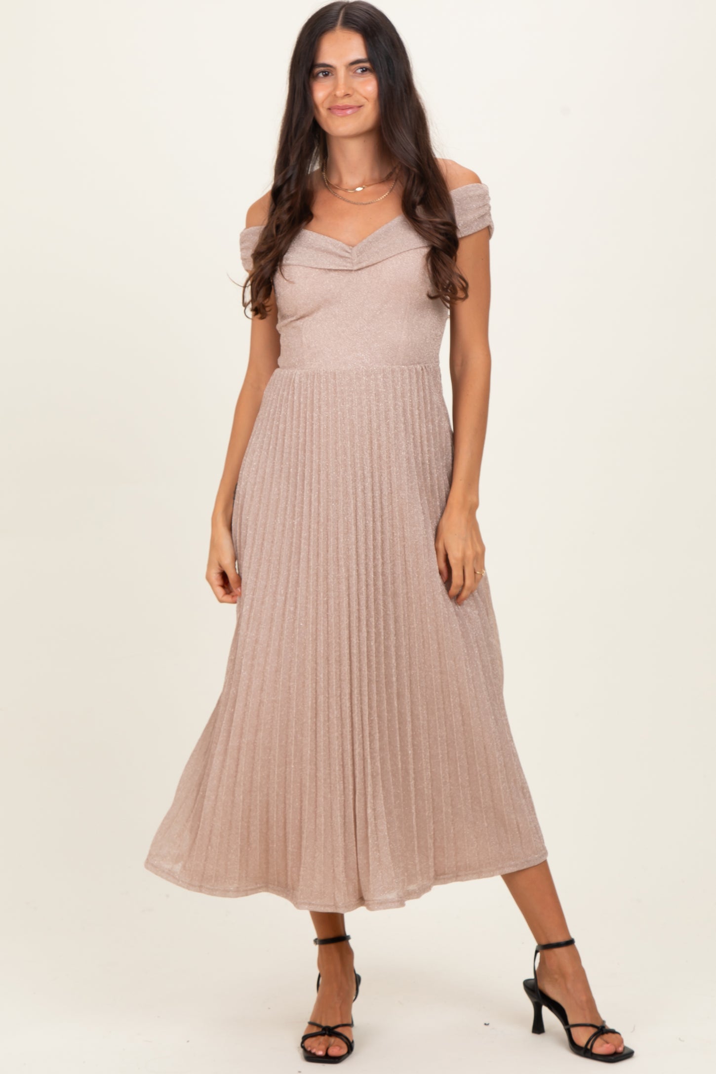 Beige Shimmer Off Shoulder Pleated Midi Dress