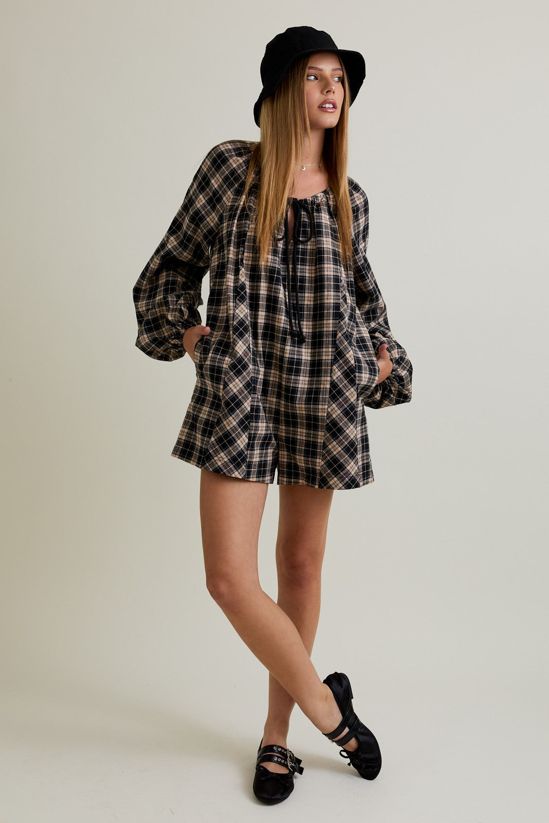 Black Beige Plaid Romper