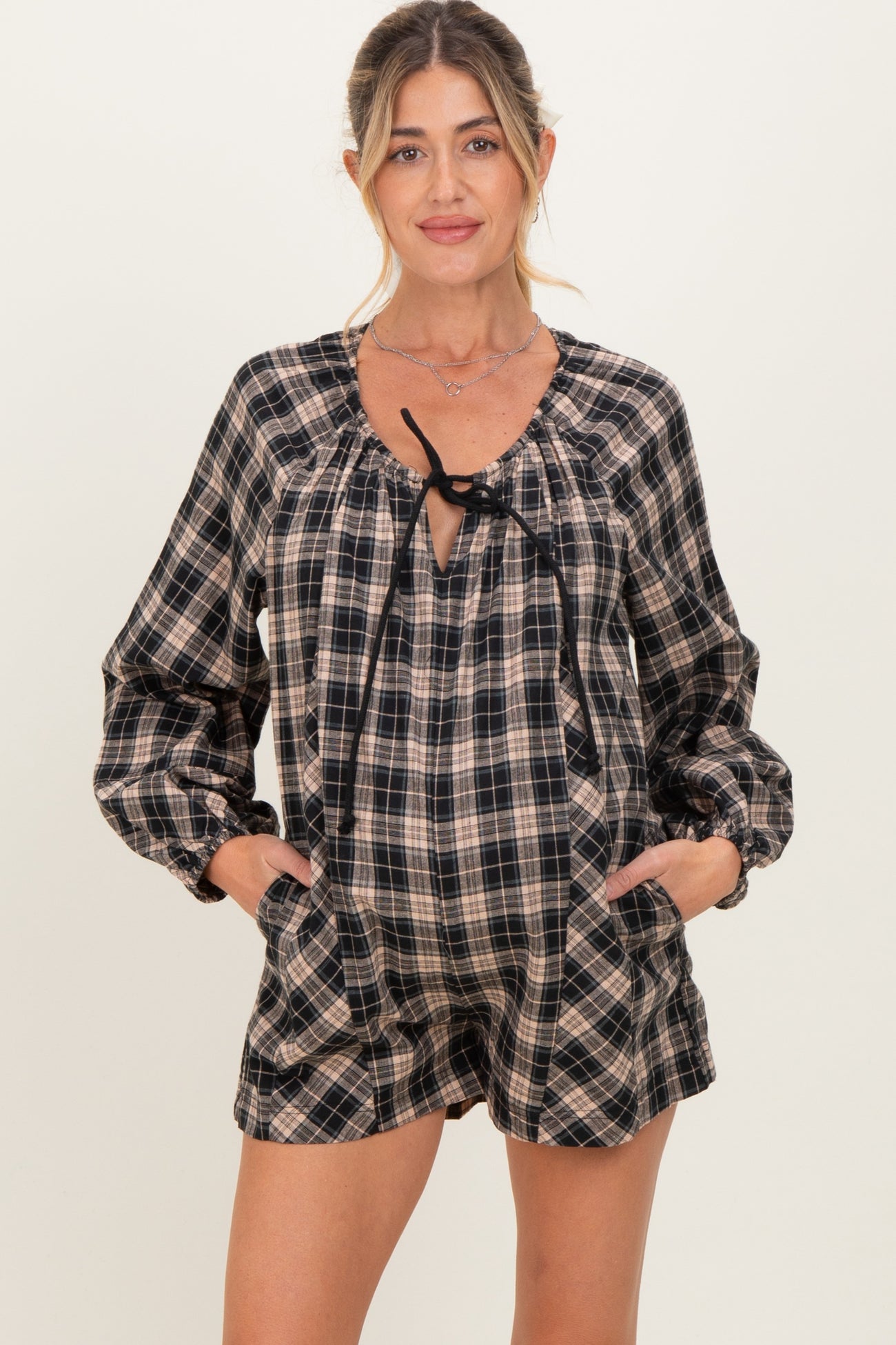Black Beige Plaid Maternity Romper