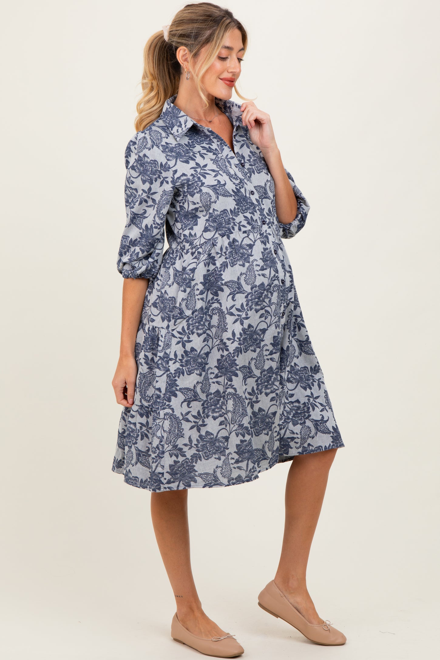 Navy Floral Button Down 3/4 Sleeve Maternity Midi Dress