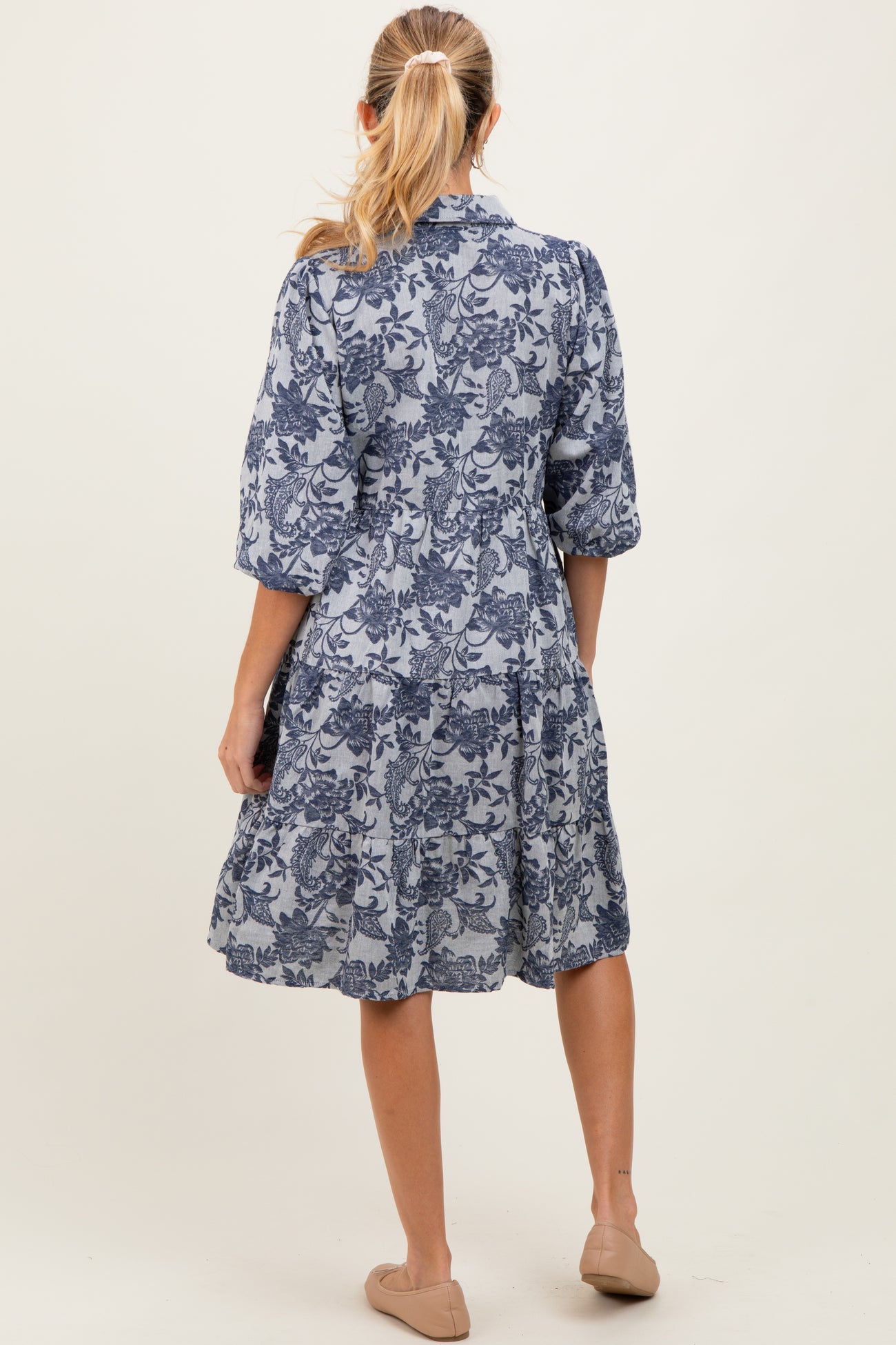 Navy Floral Button Down 3/4 Sleeve Maternity Midi Dress
