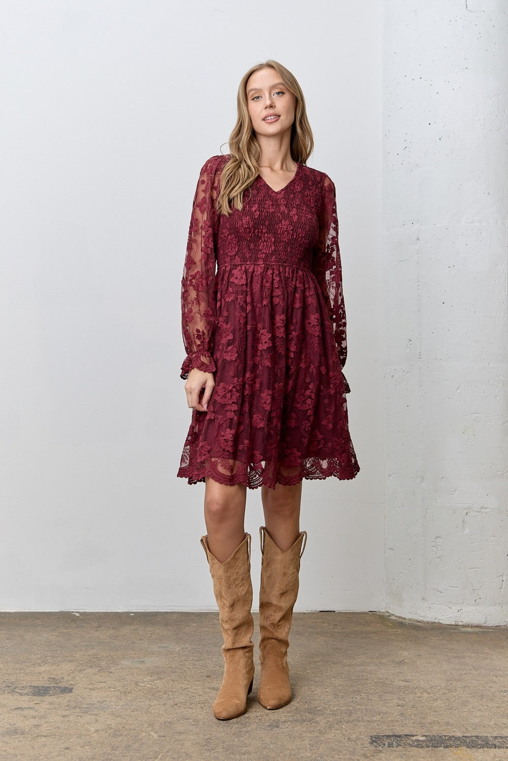 Burgundy Embroidered Lace Smocked Long Sleeve Maternity Dress