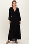 Black Solid Long Sleeve V-Neck Smocked Detail Maxi Dress