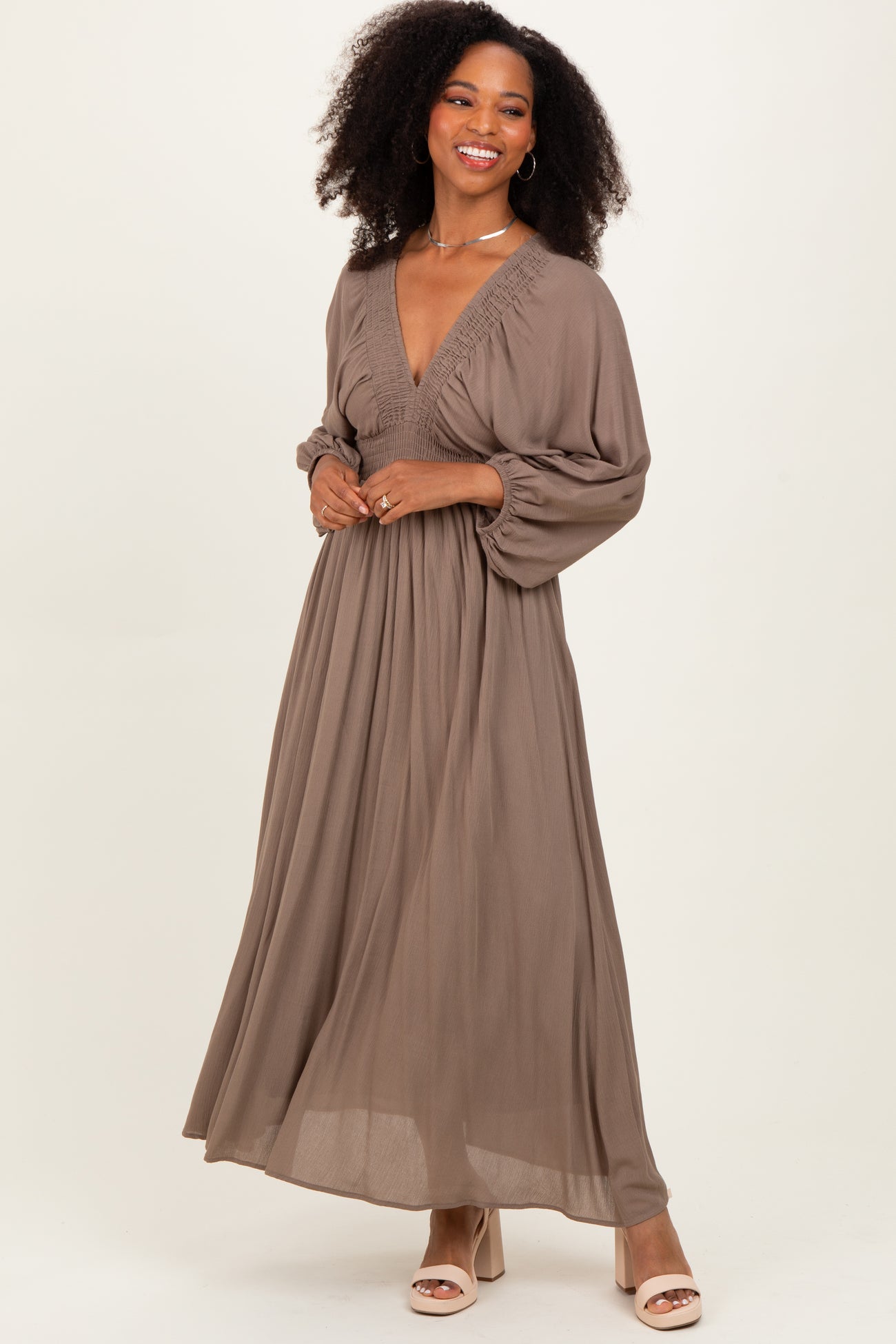 Mocha Solid Long Sleeve V-Neck Smocked Detail Maternity Maxi Dress