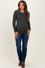 Charcoal Solid Ribbed Ruched Long Sleeve Maternity Top