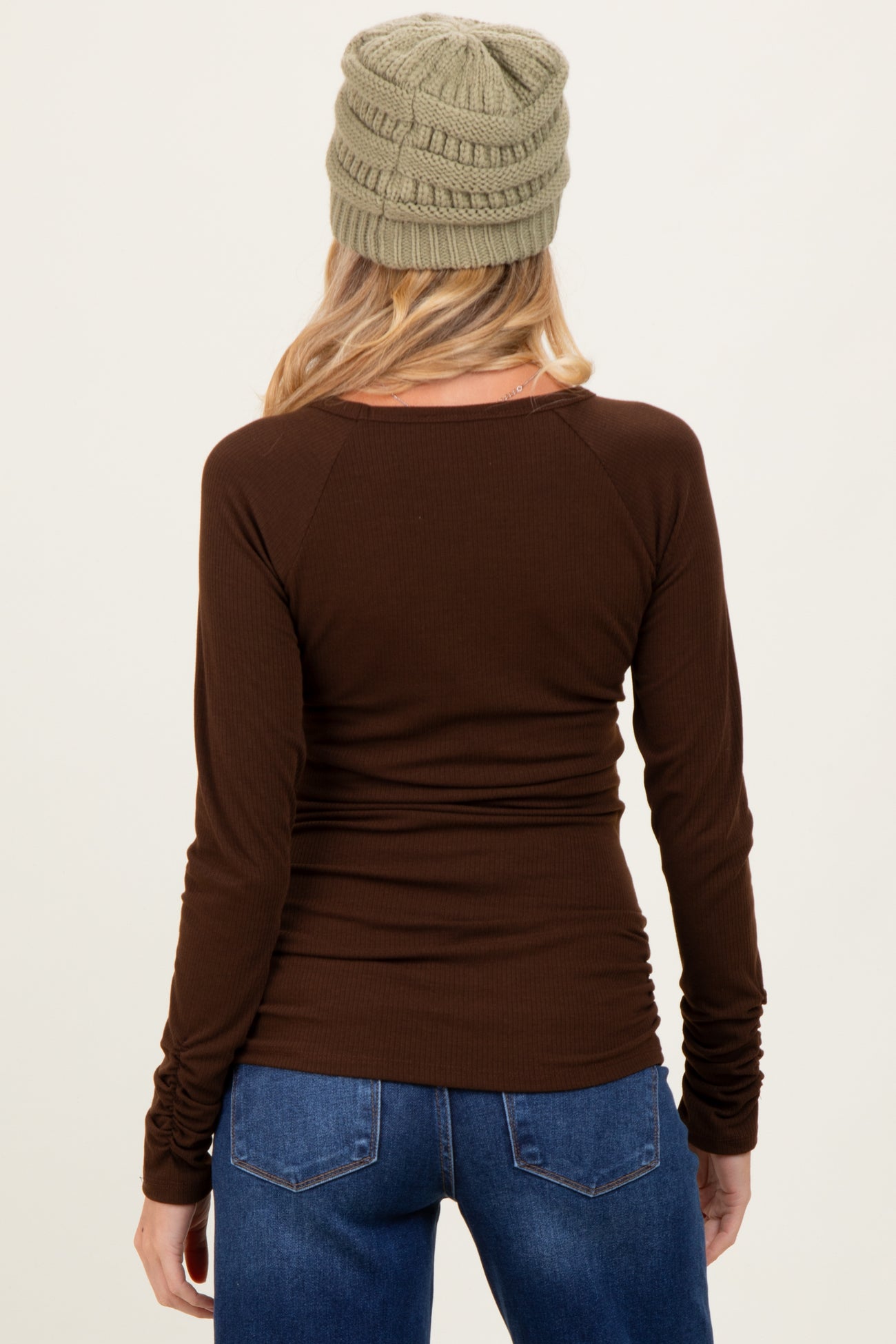 Brown Solid Ribbed Ruched Long Sleeve Maternity Top