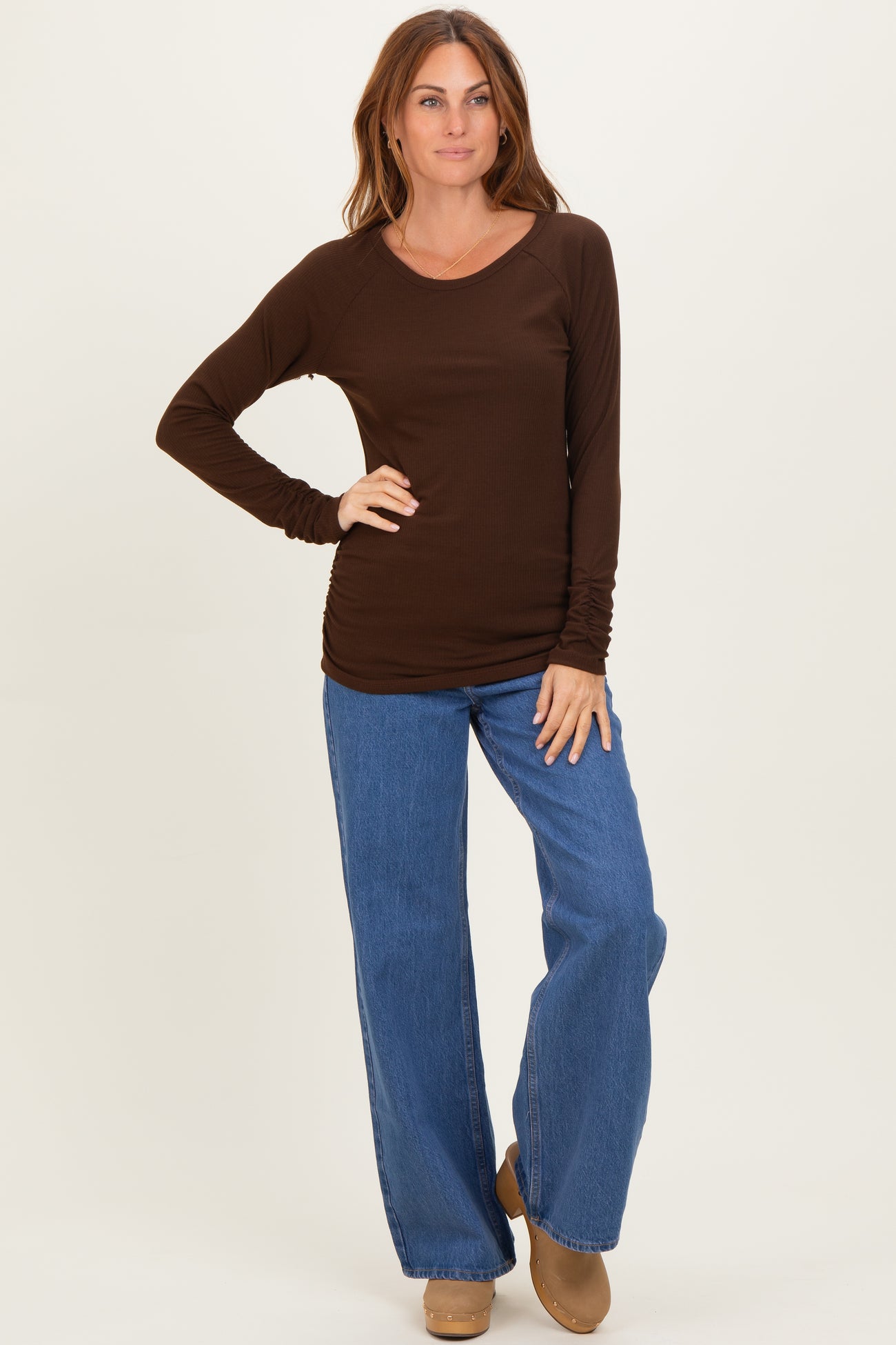 Brown Solid Ribbed Ruched Long Sleeve Top