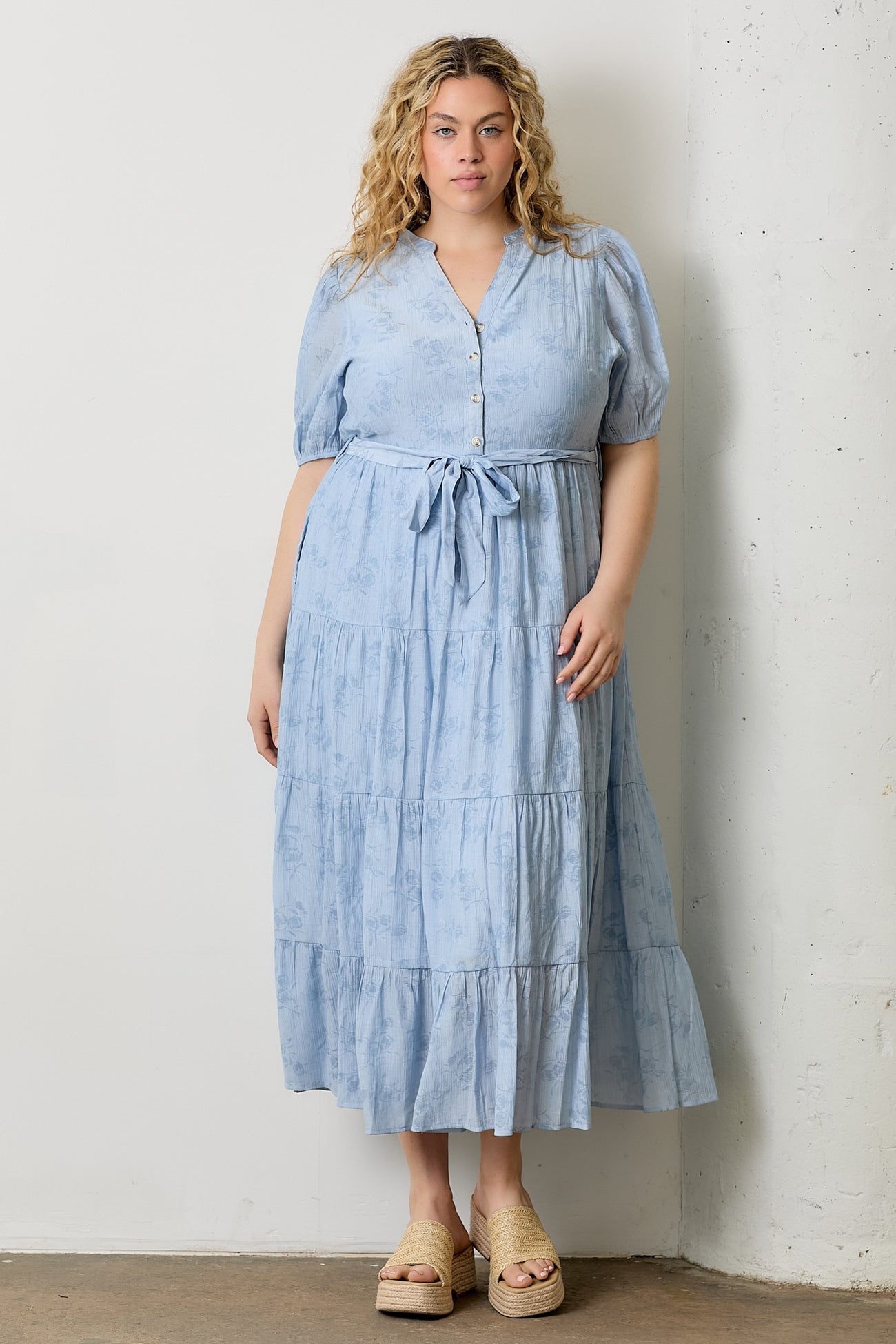 Light Blue Split Neckline Tiered Maternity Plus Midi Dress