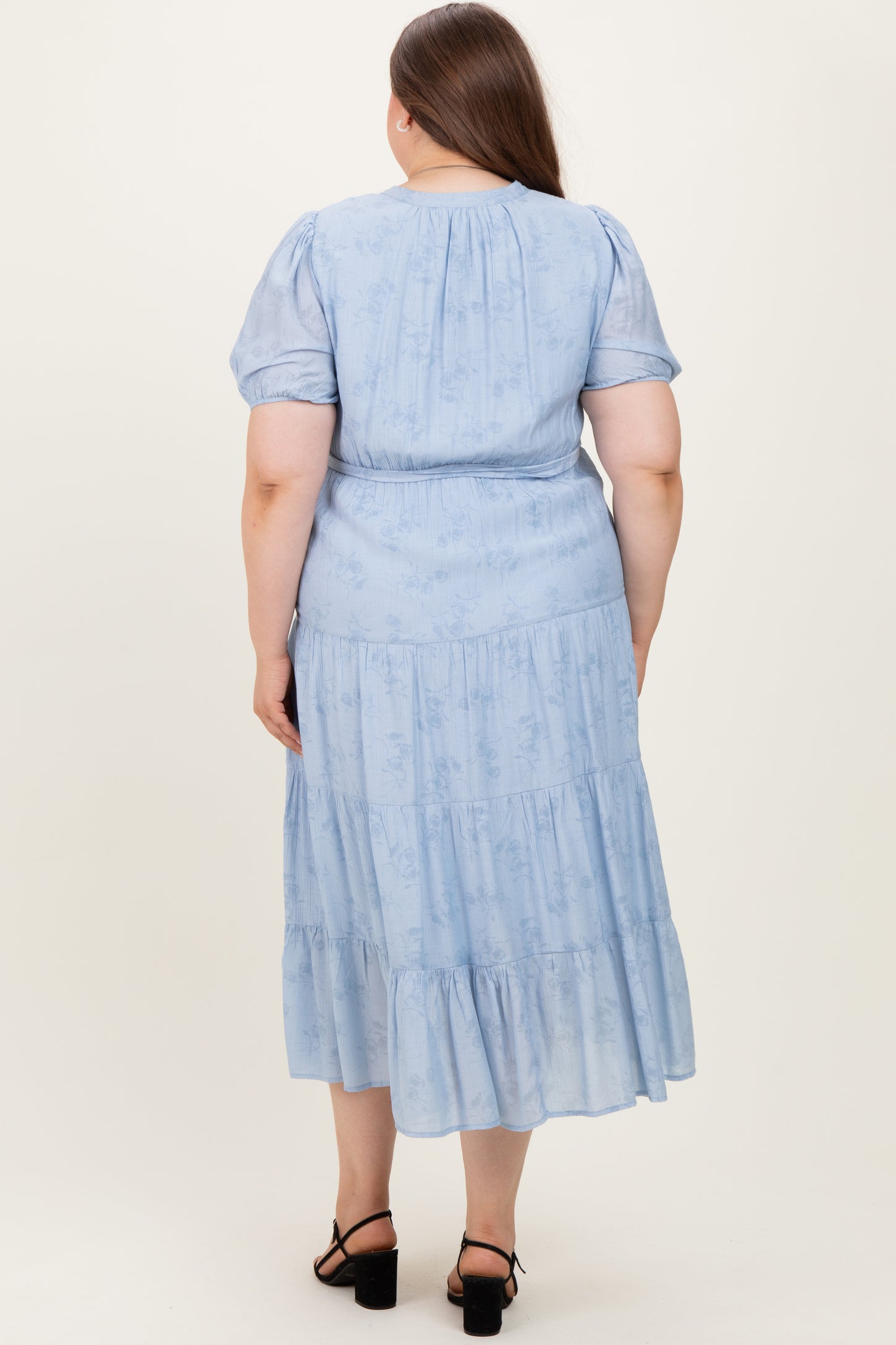 Light Blue Split Neckline Tiered Maternity Plus Midi Dress