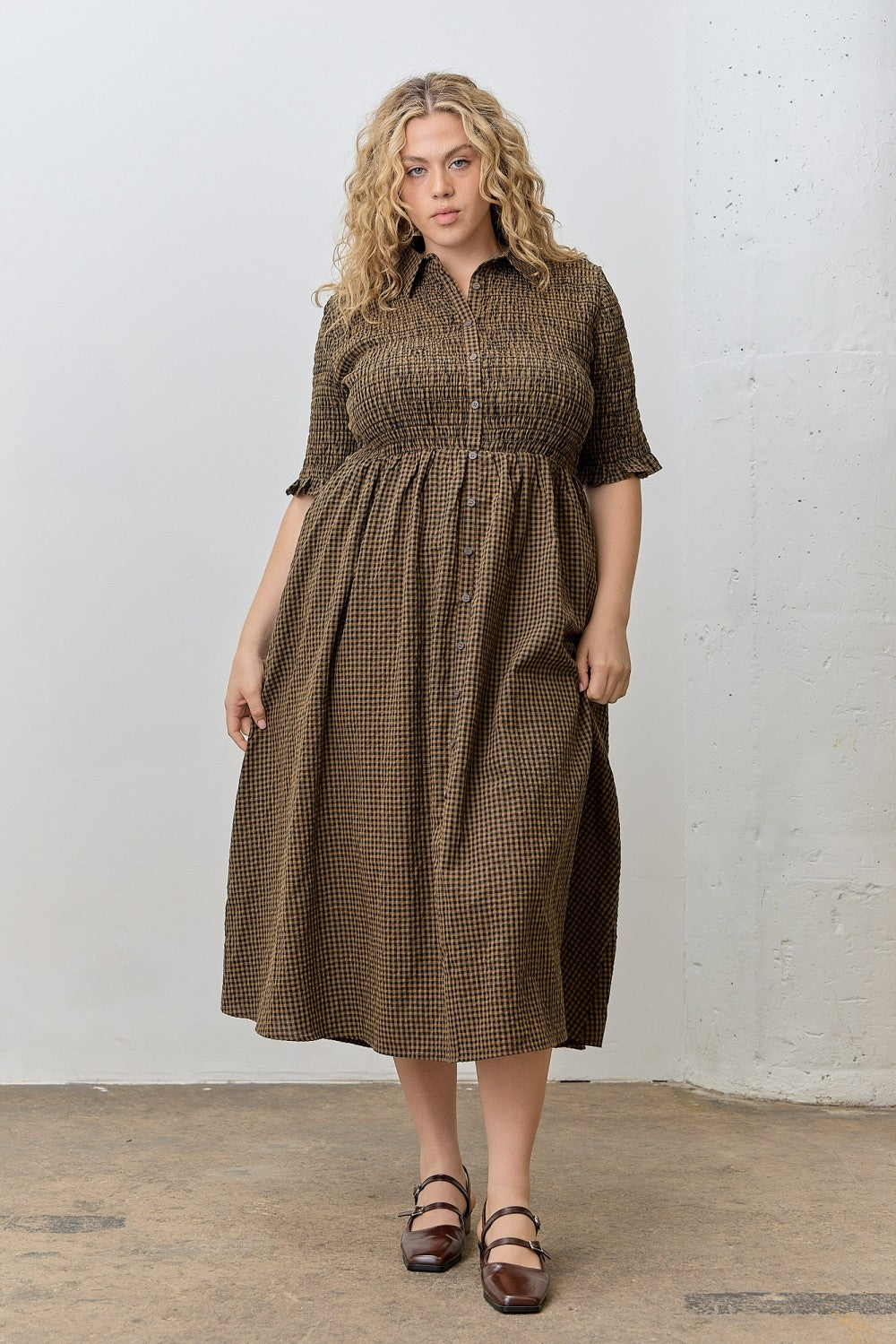 Brown Gingham Smocked Button Down Maternity Plus Midi Dress