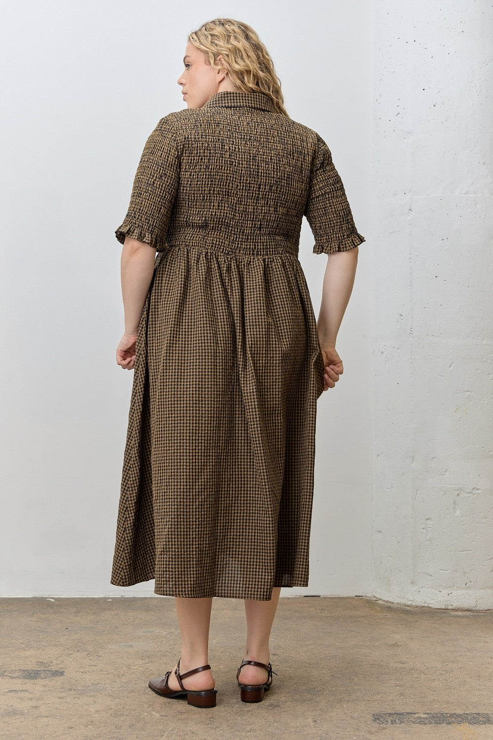 Brown Gingham Smocked Button Down Plus Midi Dress
