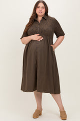 Brown Gingham Smocked Button Down Maternity Plus Midi Dress