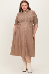 Mocha Gingham Smocked Button Down Maternity Plus Midi Dress