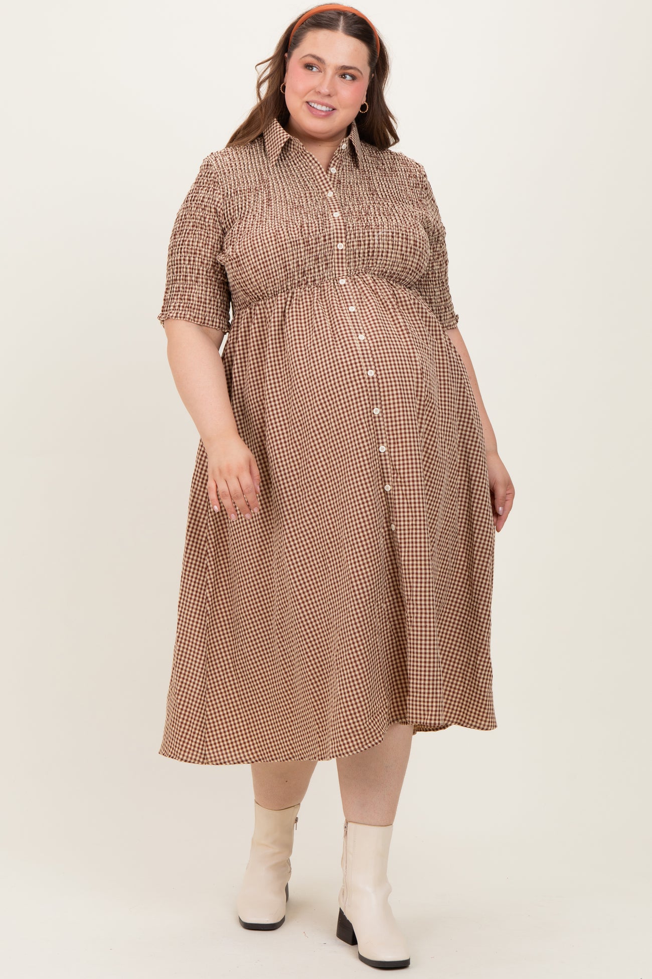 Mocha Gingham Smocked Button Down Maternity Plus Midi Dress