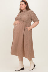 Mocha Gingham Smocked Button Down Maternity Plus Midi Dress