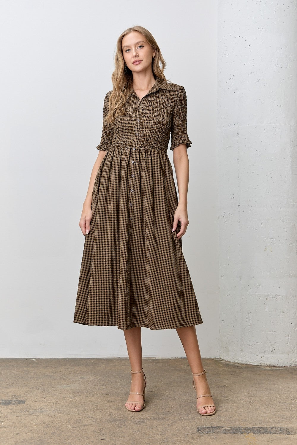 Brown Gingham Smocked Button Down Maternity Midi Dress