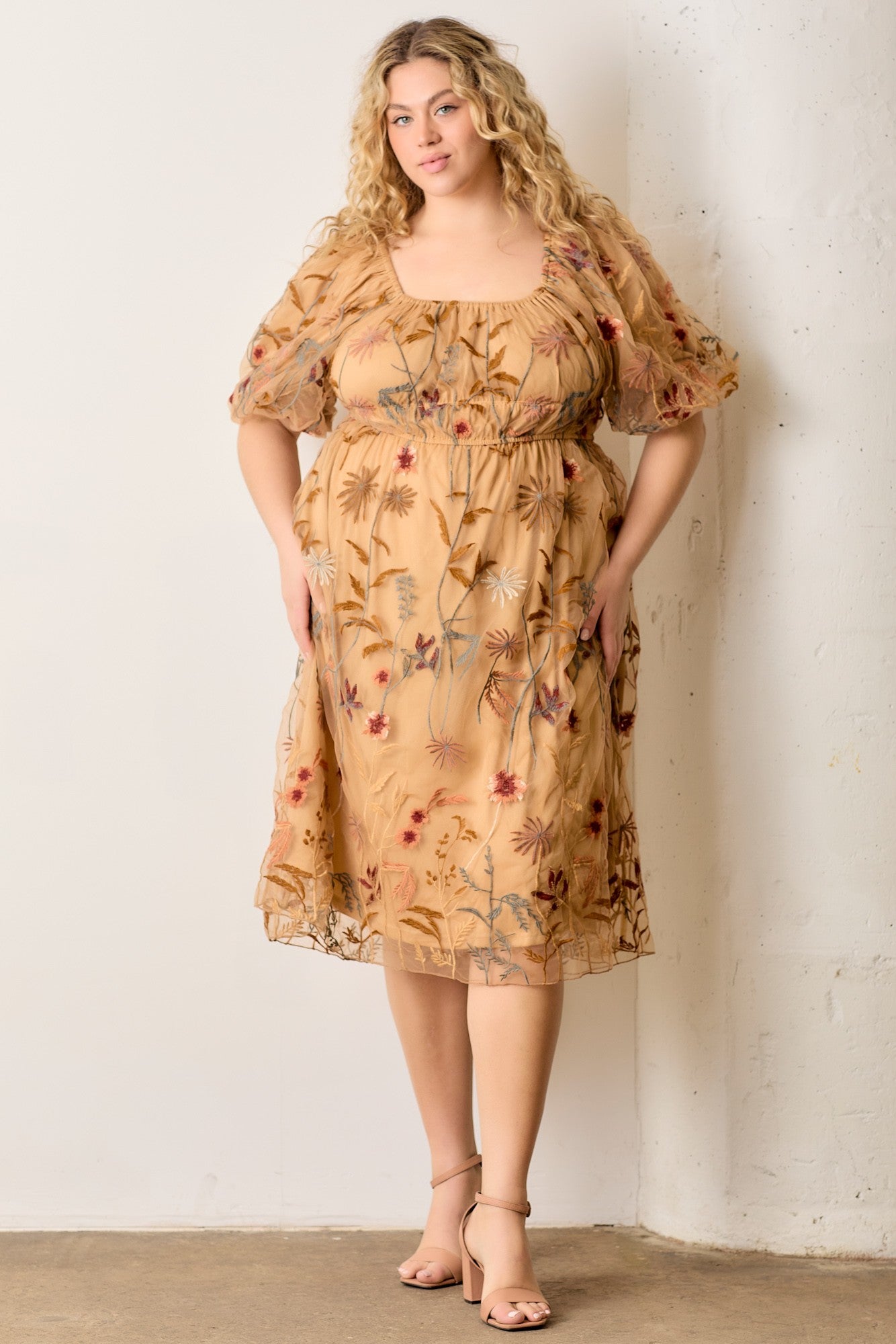 Dark Yellow Floral Embroidered Mesh Maternity Plus Dress