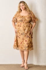 Dark Yellow Floral Embroidered Mesh Maternity Plus Dress