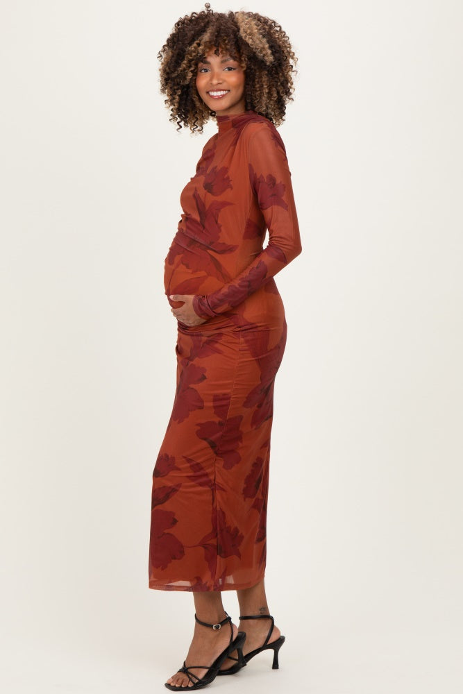 Rust Floral Mesh Ruched Long Sleeve Maternity Midi Dress