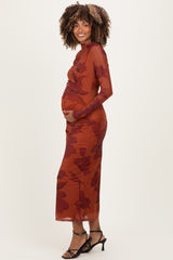 Rust Floral Mesh Ruched Long Sleeve Maternity Midi Dress