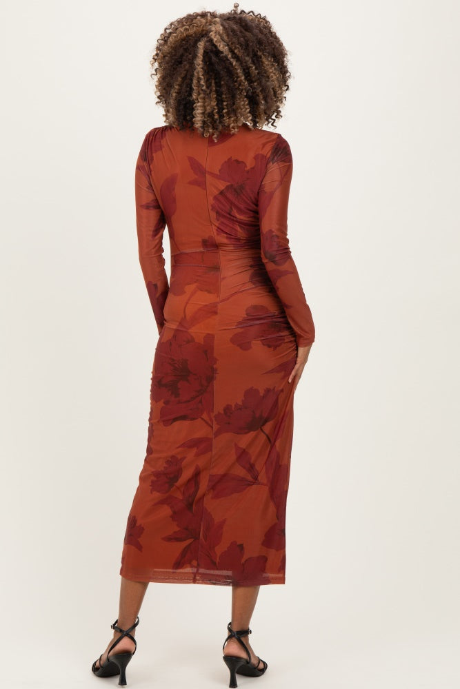 Rust Floral Mesh Ruched Long Sleeve Maternity Midi Dress