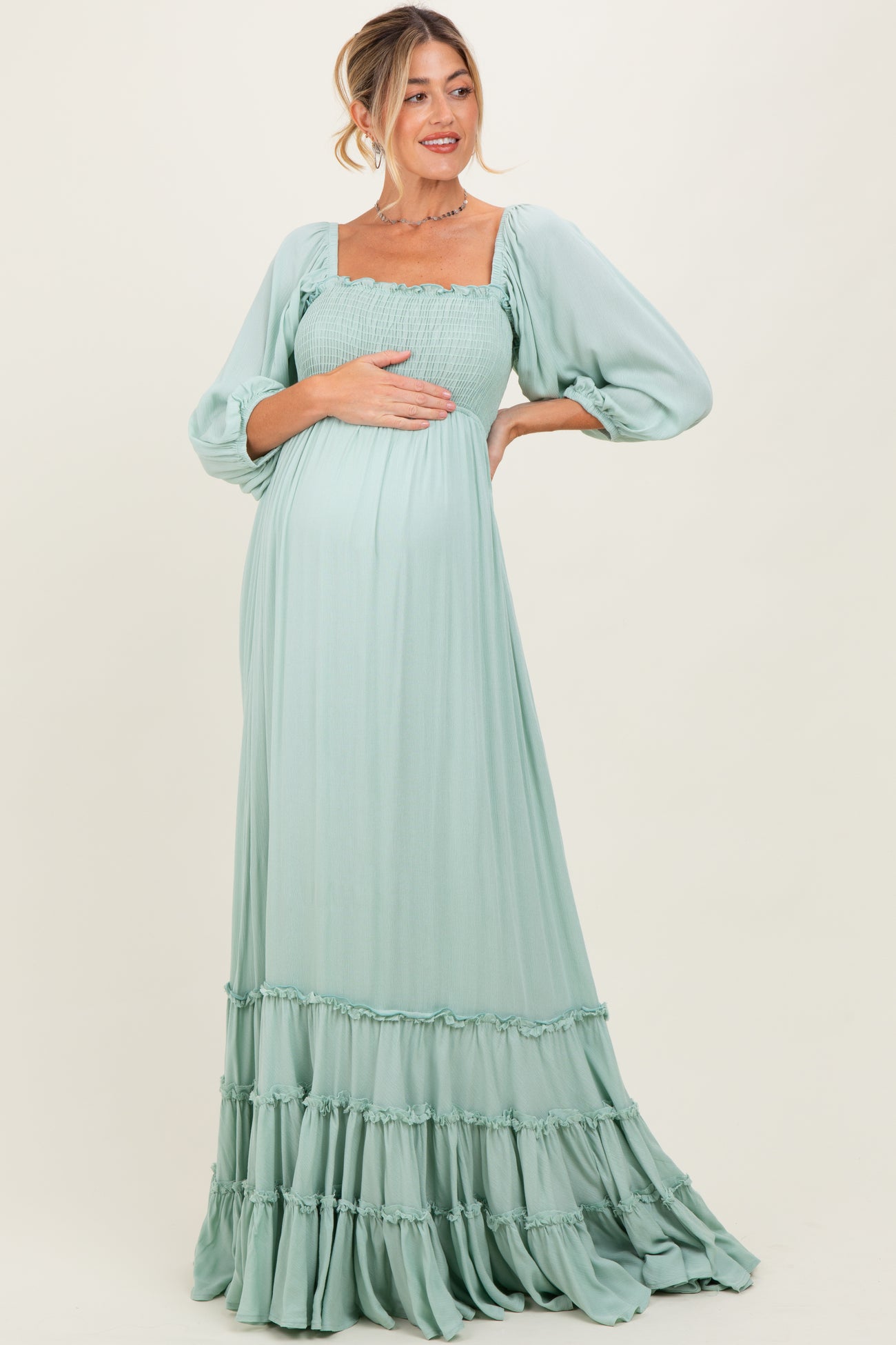 Sage Solid 3/4 Sleeve Smocked Top Tiered Maternity Maxi Dress