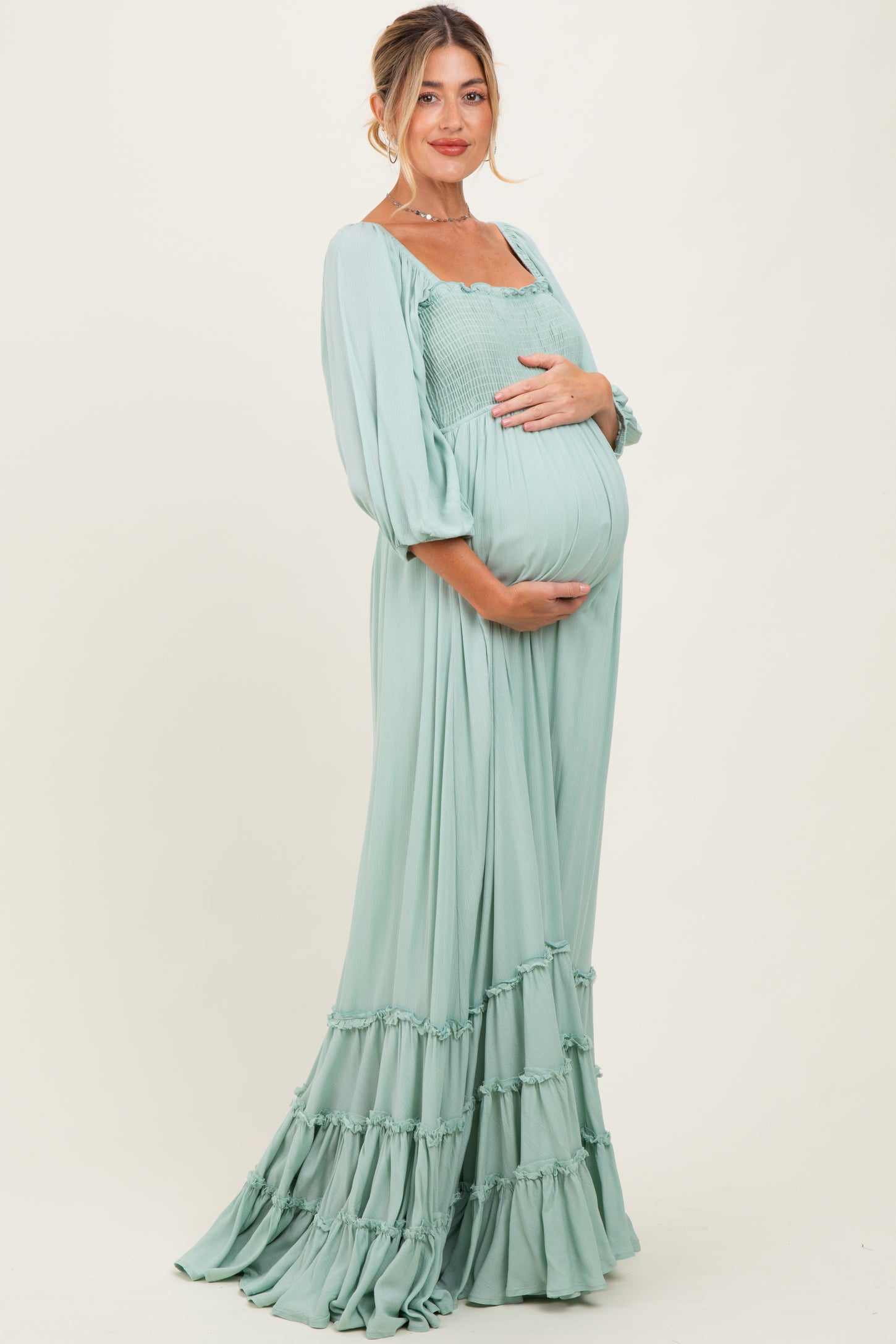 Sage Solid 3/4 Sleeve Smocked Top Tiered Maternity Maxi Dress