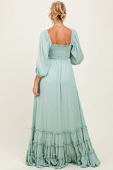Sage Solid 3/4 Sleeve Smocked Top Tiered Maternity Maxi Dress