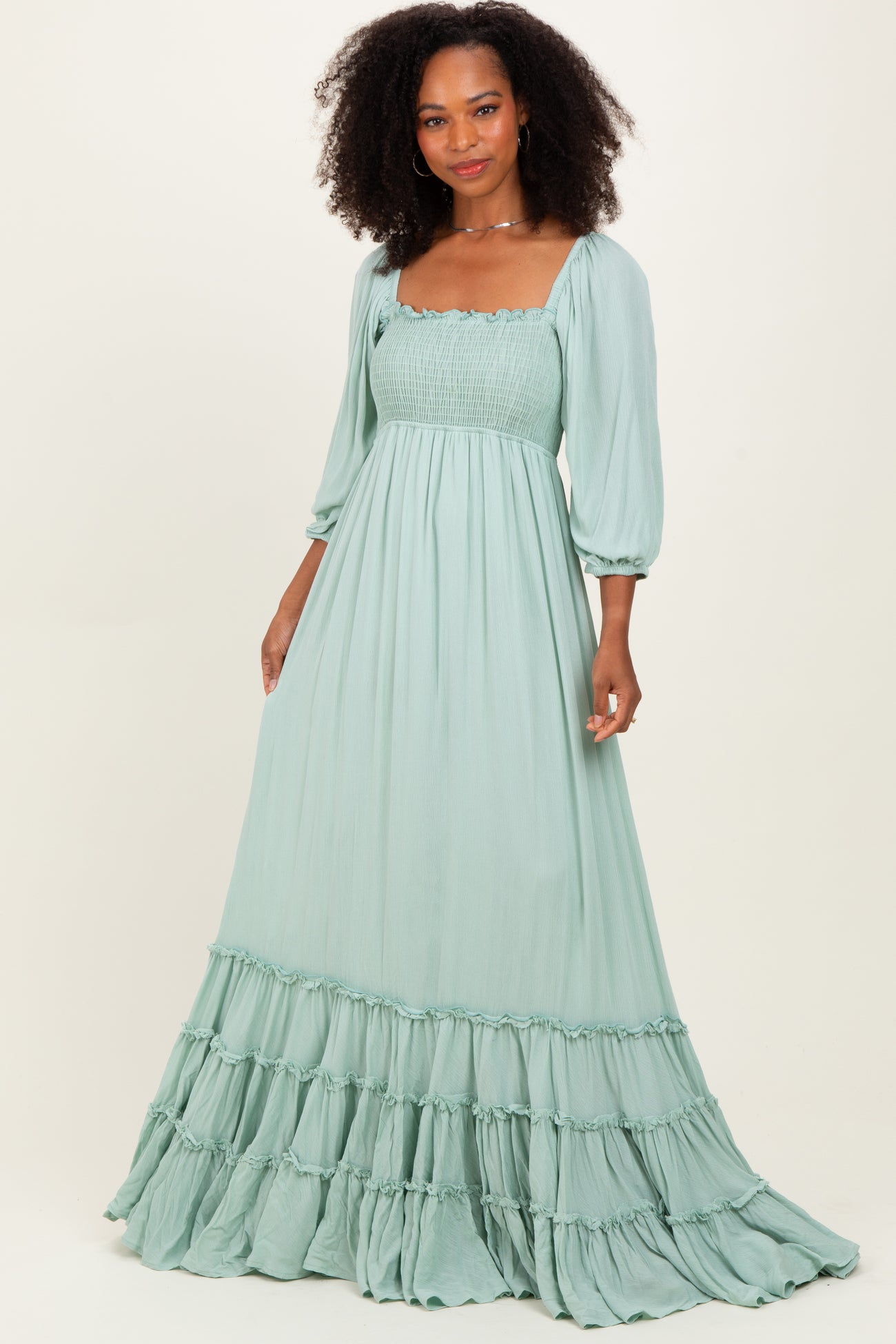 Sage Solid 3/4 Sleeve Smocked Top Tiered Maxi Dress