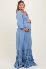 Blue Solid 3/4 Sleeve Smocked Top Tiered Maternity Maxi Dress