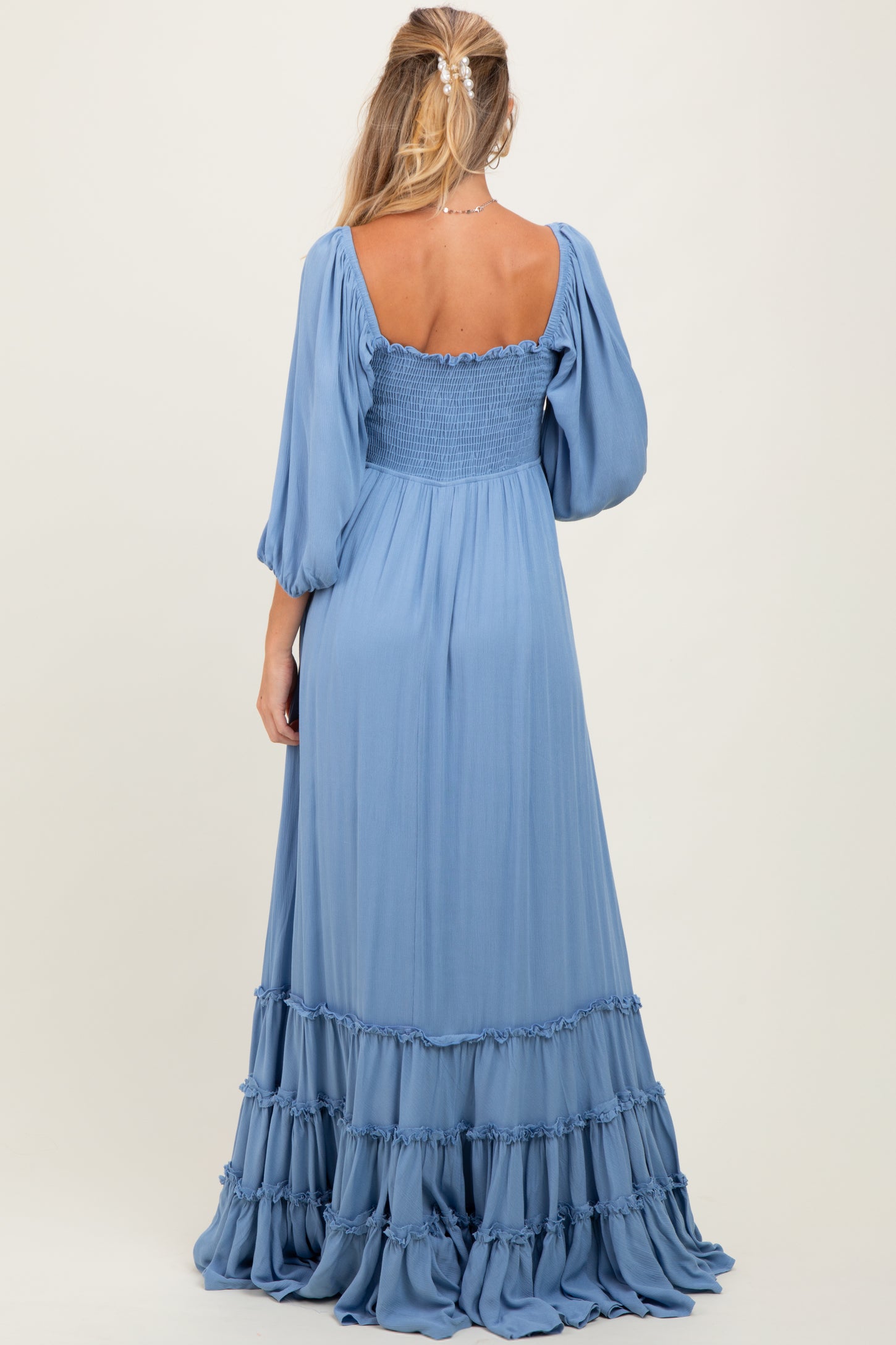 Blue Solid 3/4 Sleeve Smocked Top Tiered Maternity Maxi Dress