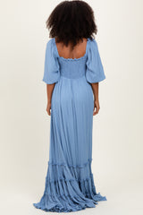 Blue Solid 3/4 Sleeve Smocked Top Tiered Maxi Dress