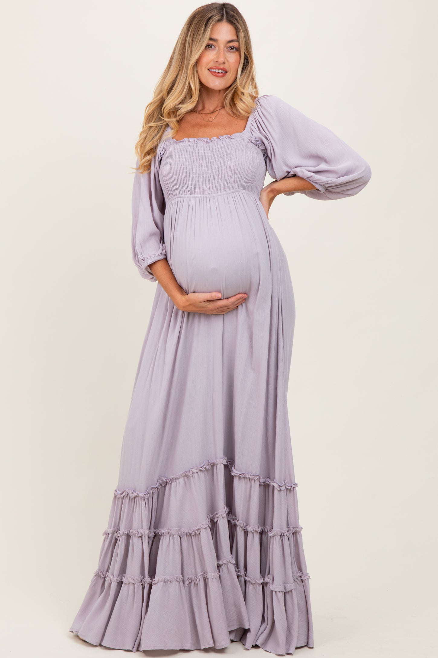 Lavender Solid 3/4 Sleeve Smocked Top Tiered Maternity Maxi Dress