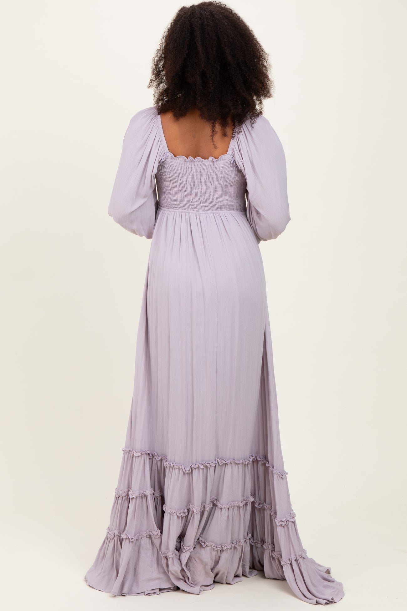 Lavender Solid 3/4 Sleeve Smocked Top Tiered Maxi Dress