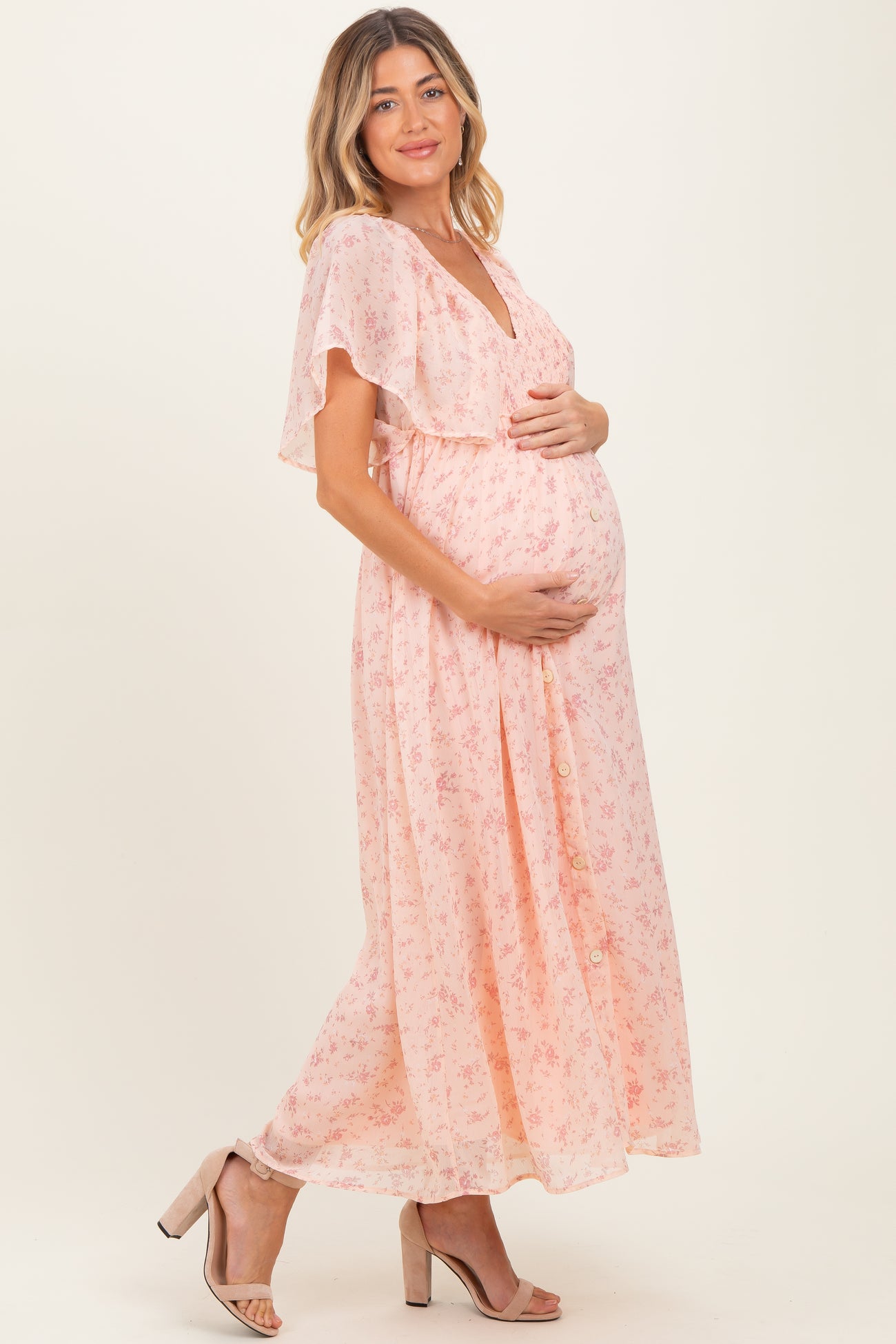 Light Pink Floral Chiffon Short Sleeve V-Neck Smocked Top Maternity Maxi Dress