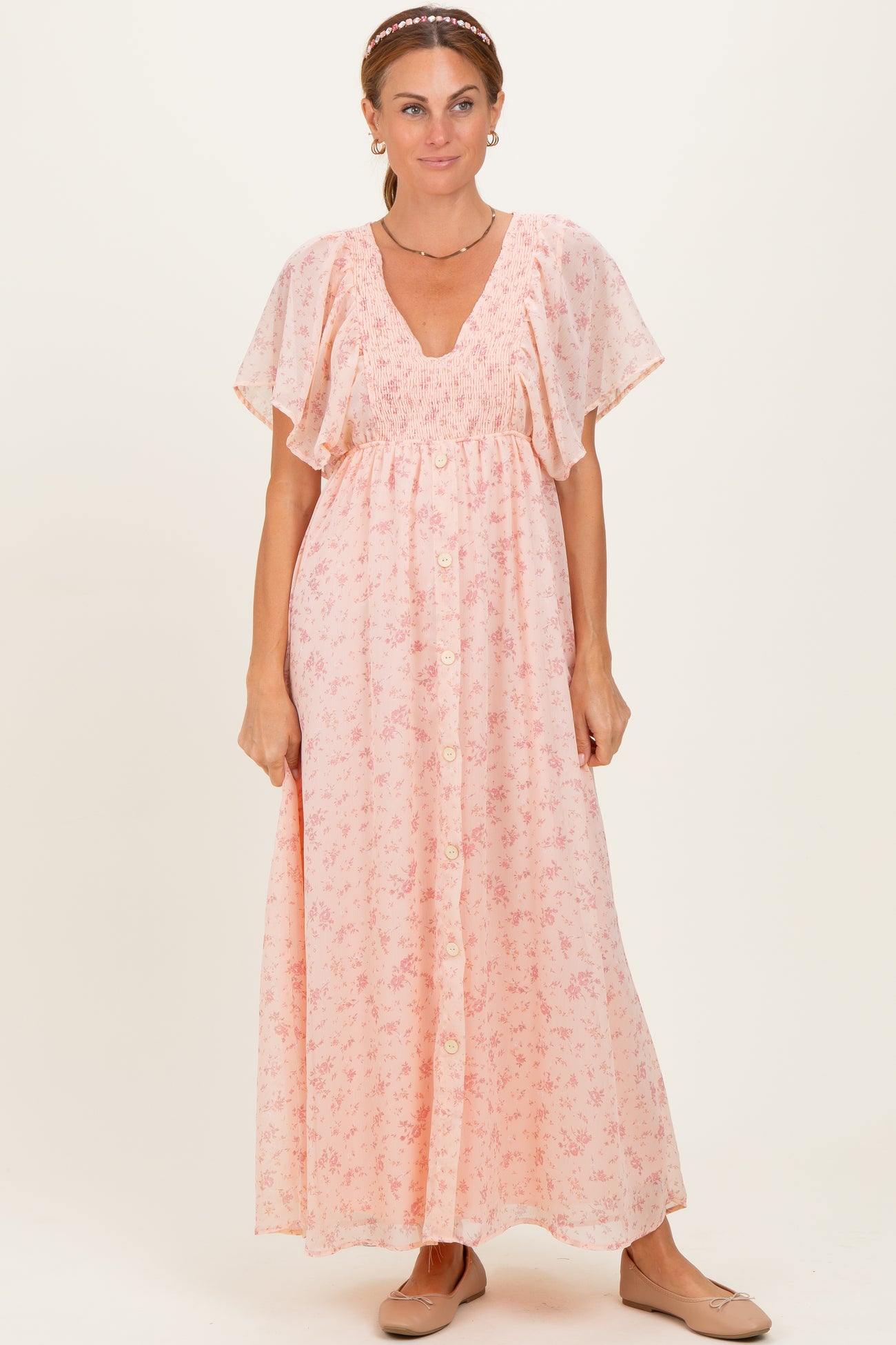 Light Pink Floral Chiffon Short Sleeve V-Neck Smocked Top Maxi Dress
