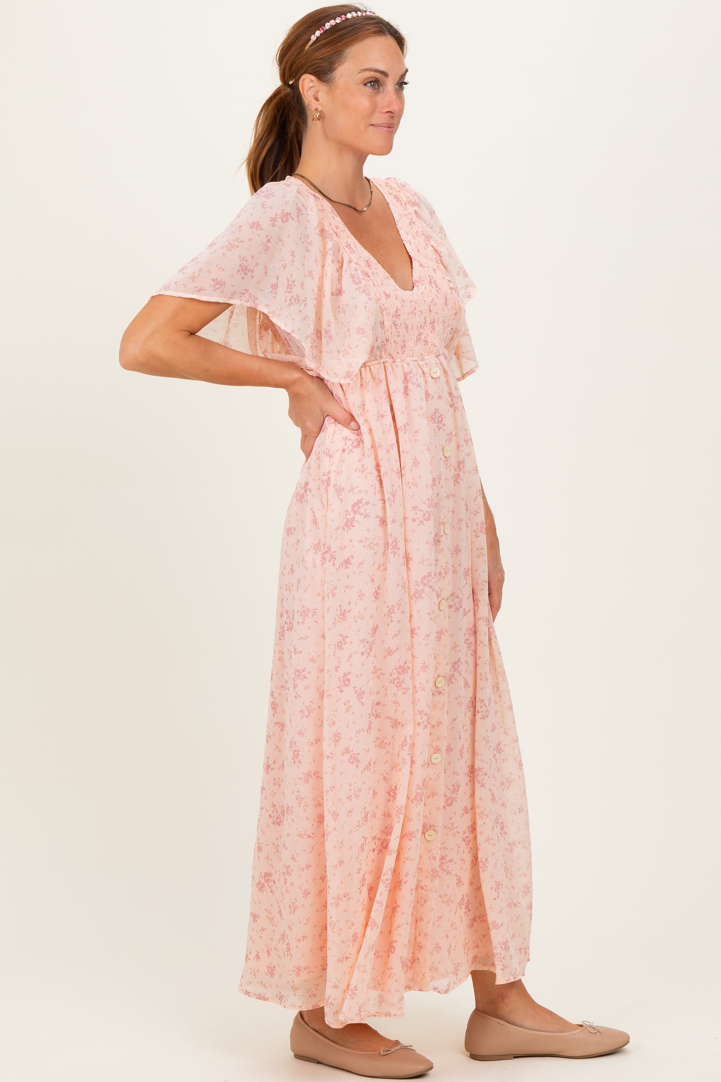 Light Pink Floral Chiffon Short Sleeve V-Neck Smocked Top Maxi Dress
