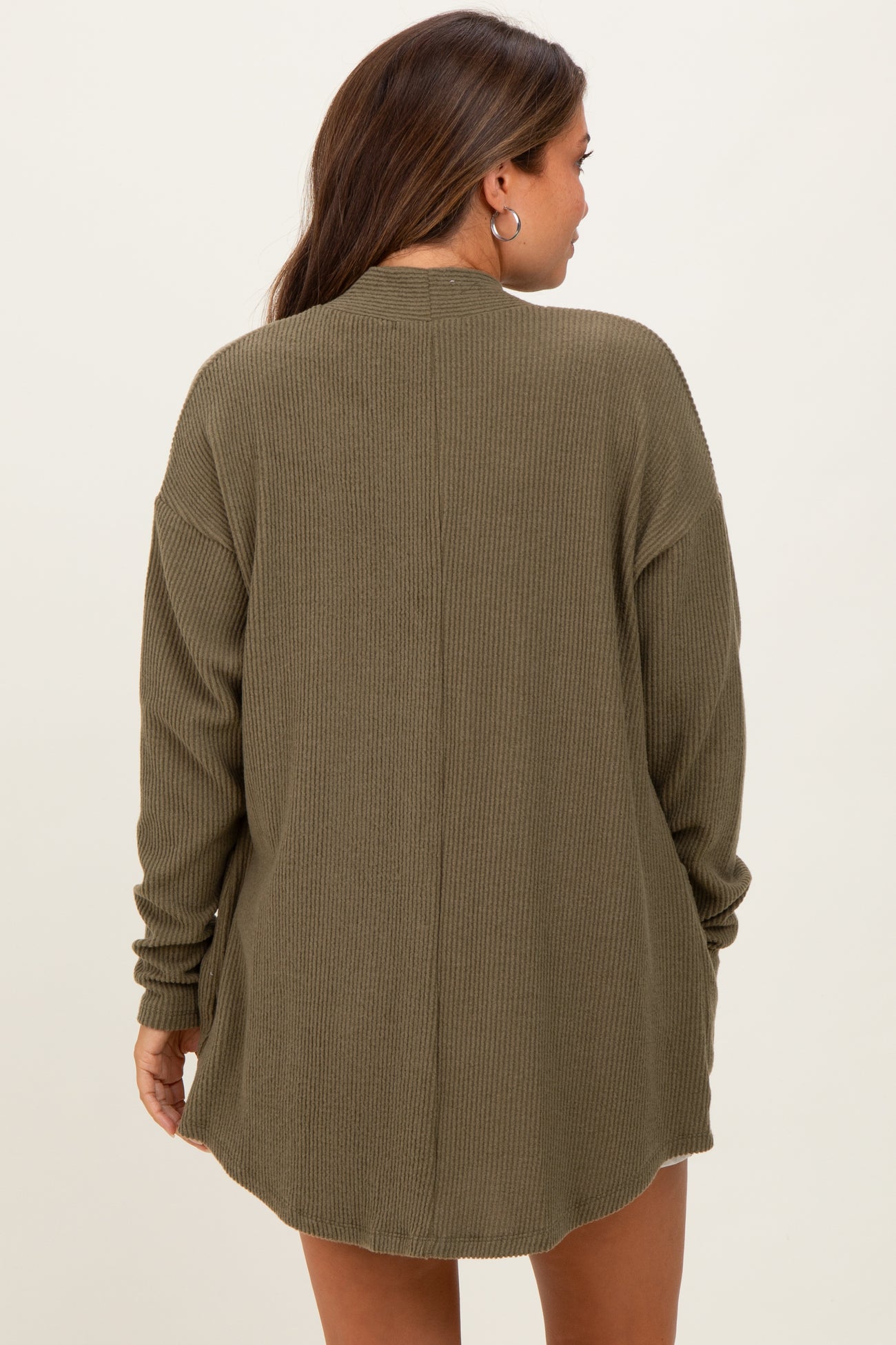 Olive Solid Ribbed Long Sleeve Open Front Pocket Maternity Cardigan