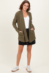 Olive Solid Ribbed Long Sleeve Open Front Pocket Cardigan