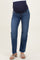 woman wearing dark blue maternity jeans with a supportive belly band and a frayed hem, paired with light beige sandals