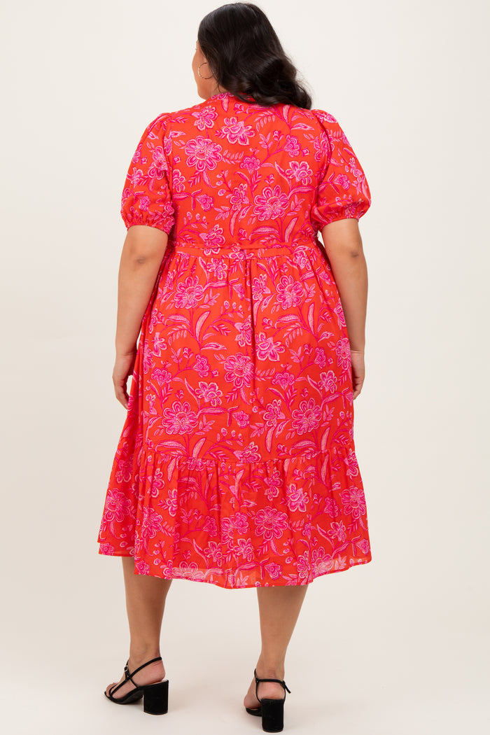 Red Floral Button Down Plus Midi Shirt Dress