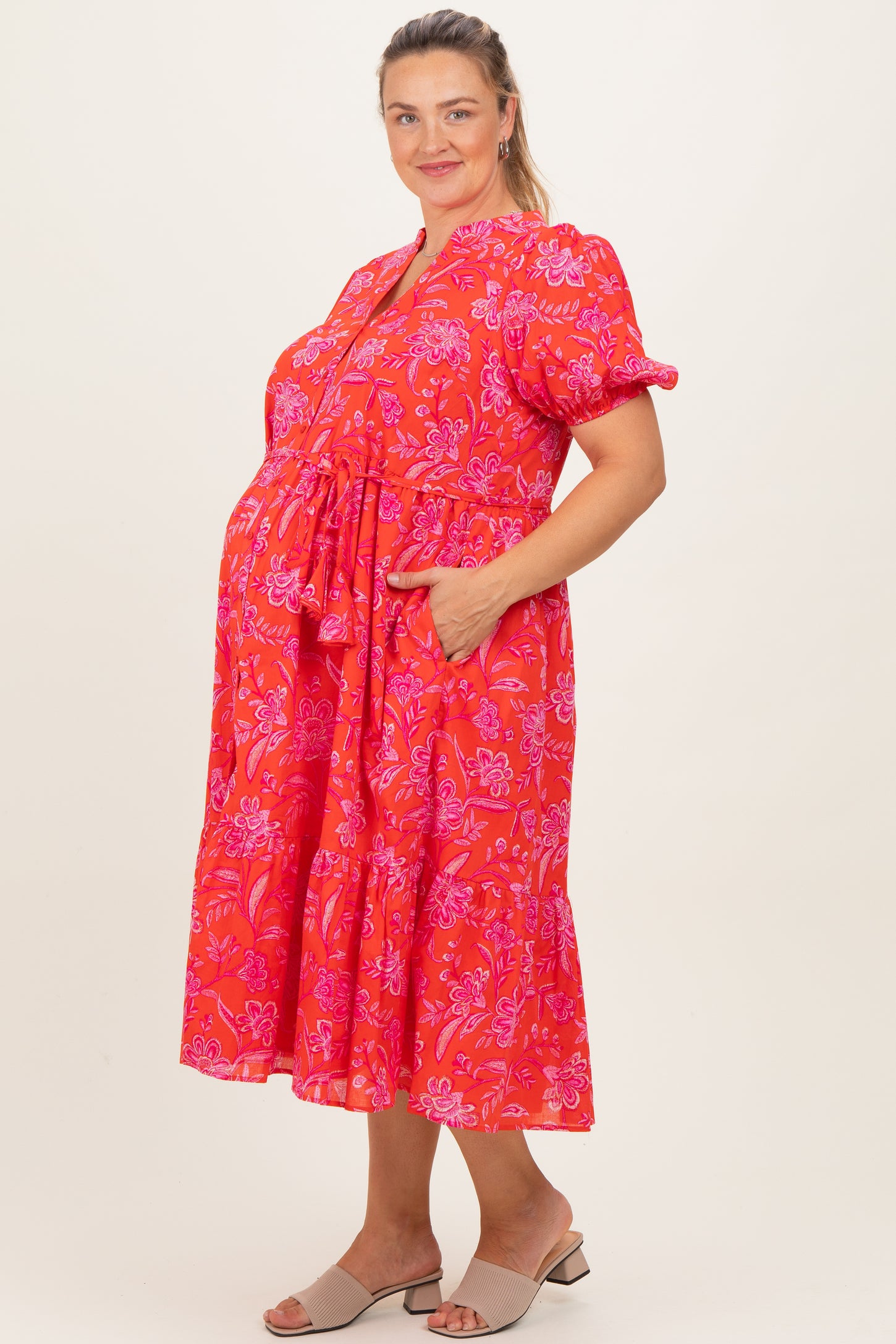 Red Floral Button Down Maternity Plus Midi Shirt Dress
