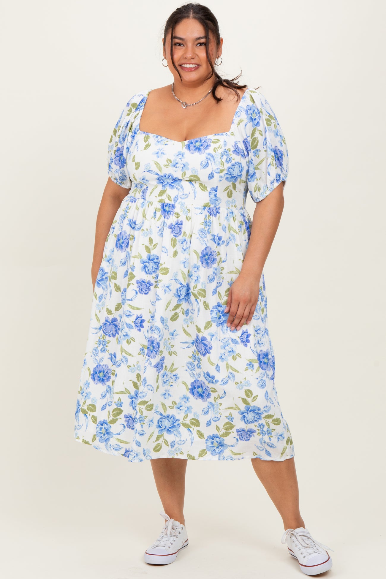 Blue Floral Sweetheart Neckline Puff Sleeve Maternity Plus Midi Dress