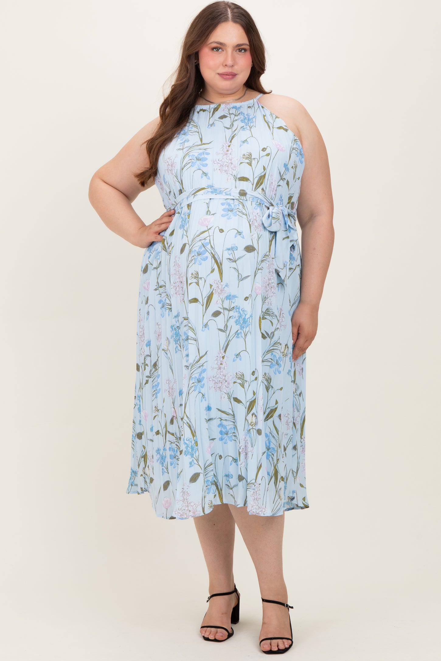 Light Blue Floral Pleated Sleeveless Maternity Plus Midi Dress