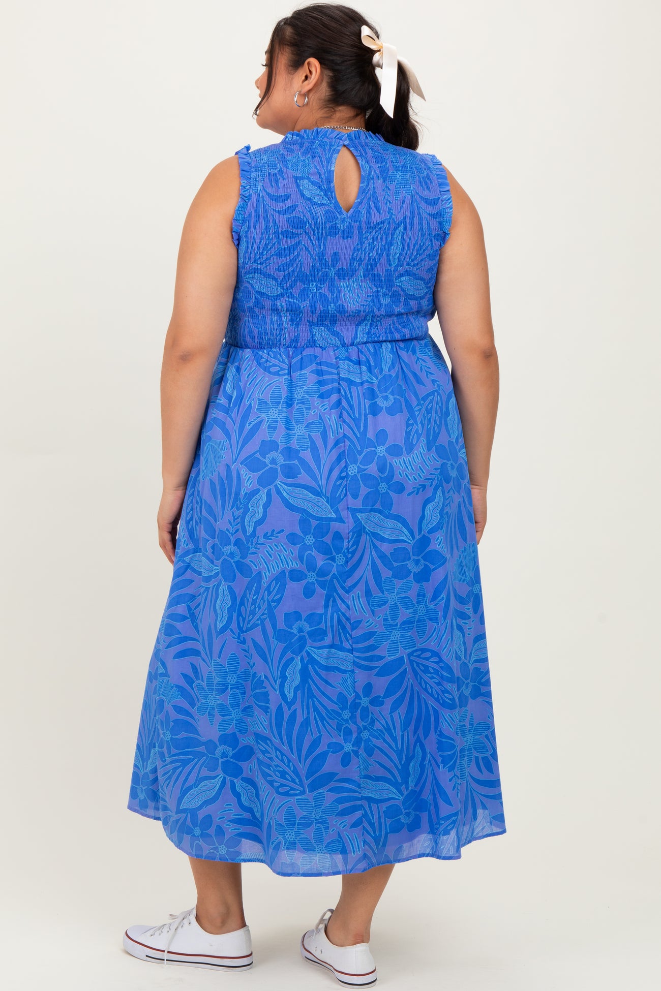 Royal Blue Floral Smocked Sleeveless Plus Midi Dress