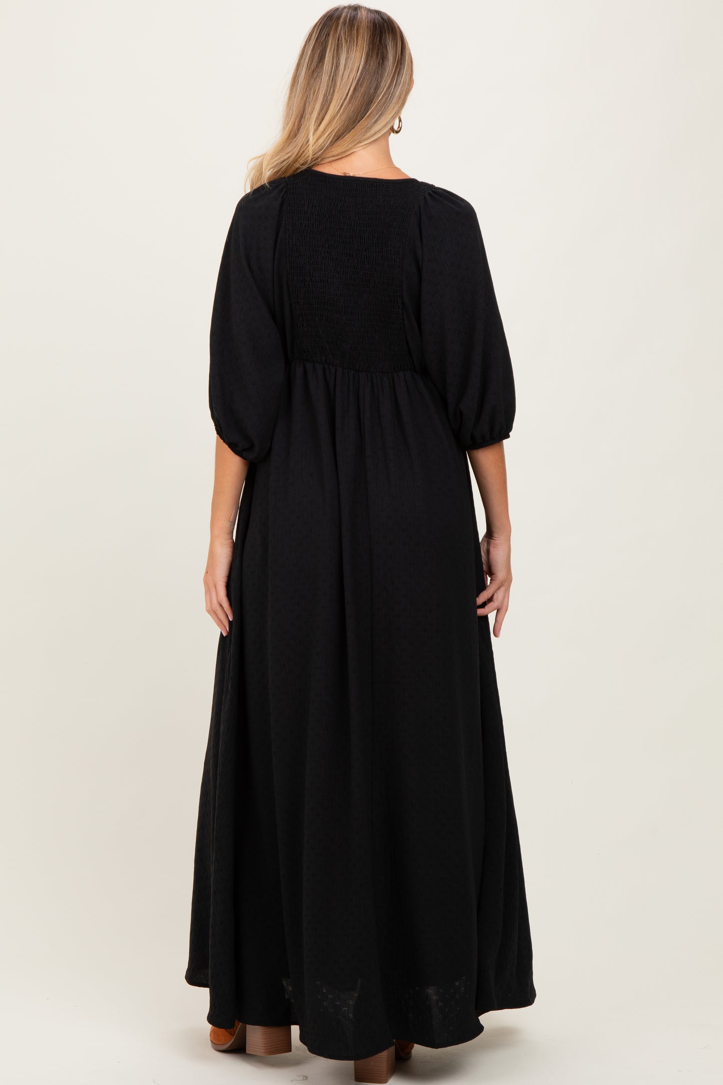 Black Solid 3/4 Sleeve Smocked Top V-Neck Maternity Maxi Dress