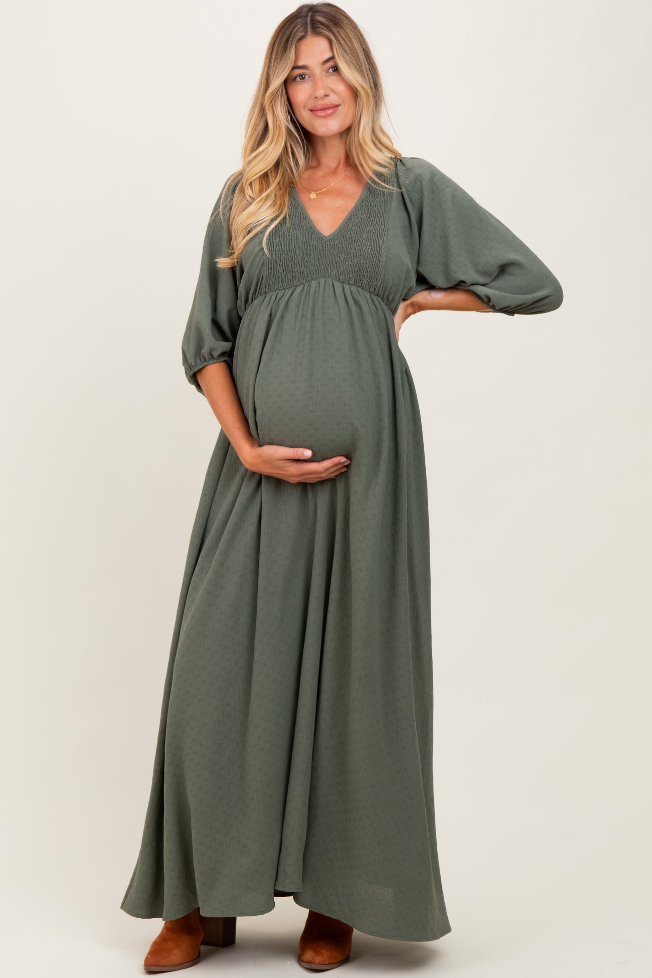 Olive Solid 3/4 Sleeve Smocked Top V-Neck Maternity Maxi Dress