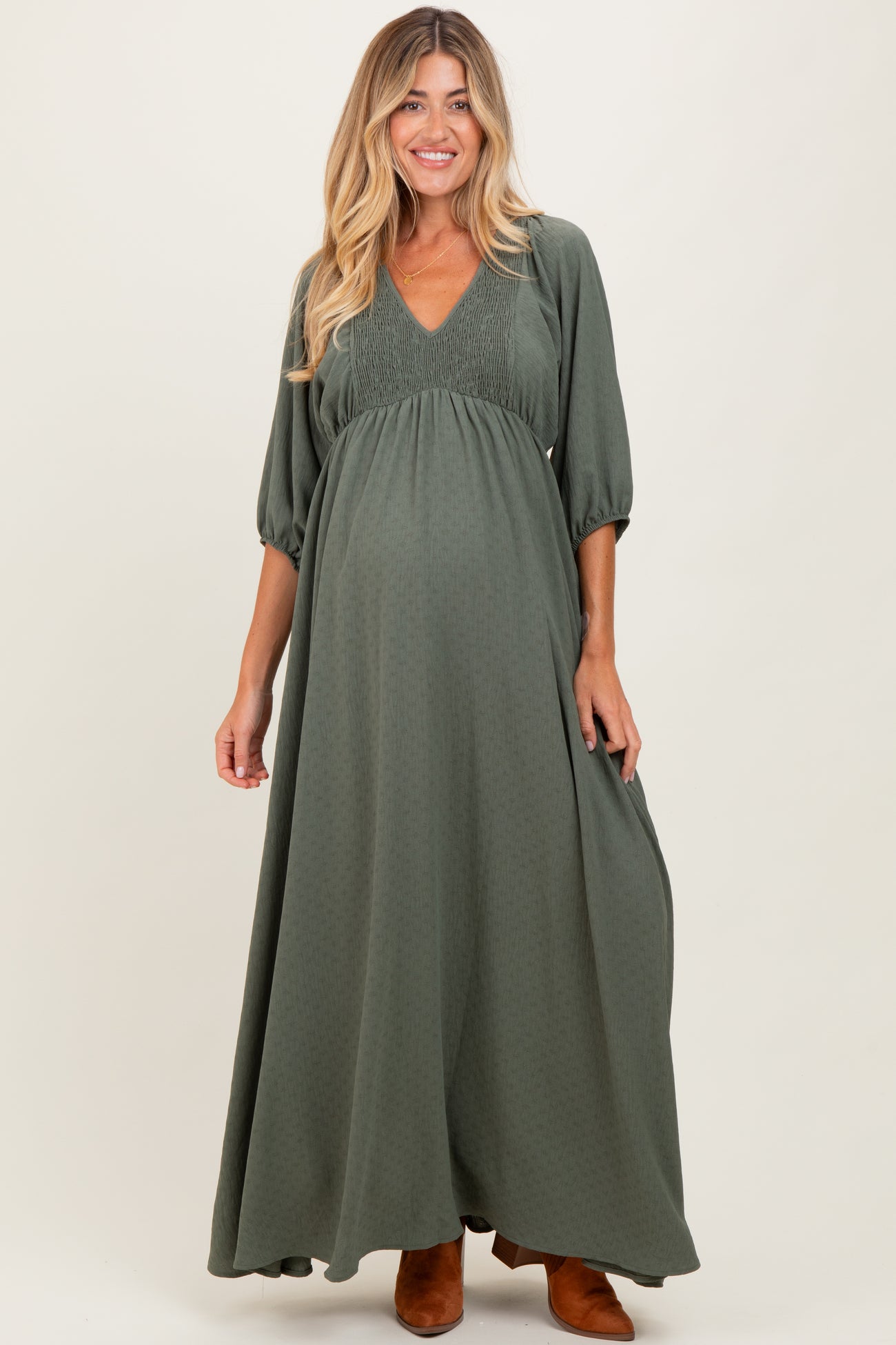 Olive Solid 3/4 Sleeve Smocked Top V-Neck Maternity Maxi Dress