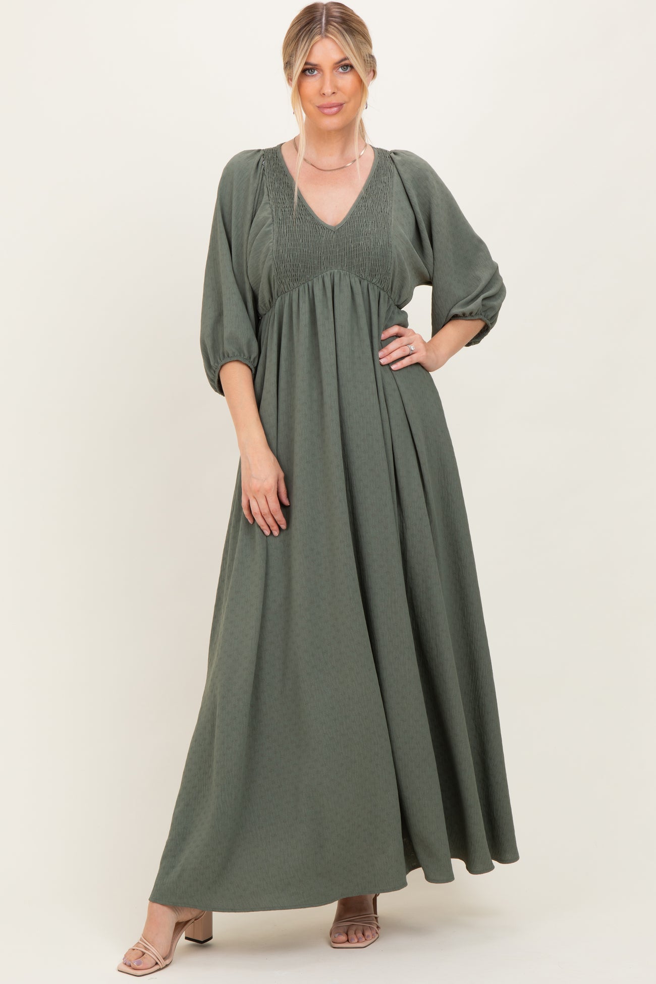Olive Solid 3/4 Sleeve Smocked Top V-Neck Maternity Maxi Dress