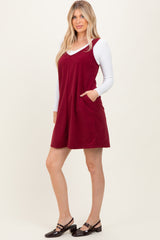 Burgundy Solid Corduroy V-Neck A-Line Mini Dress